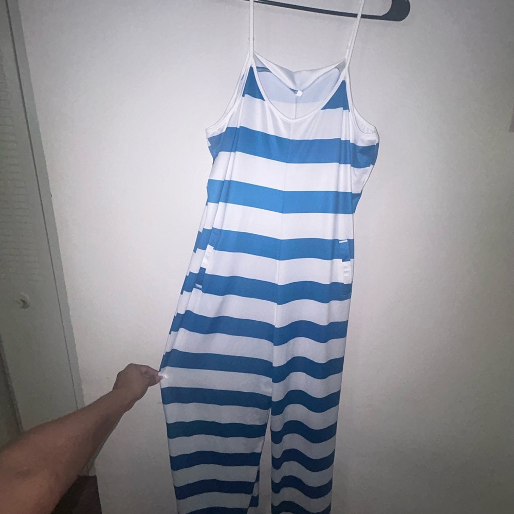 Blue and White Striped Jumpsuit
